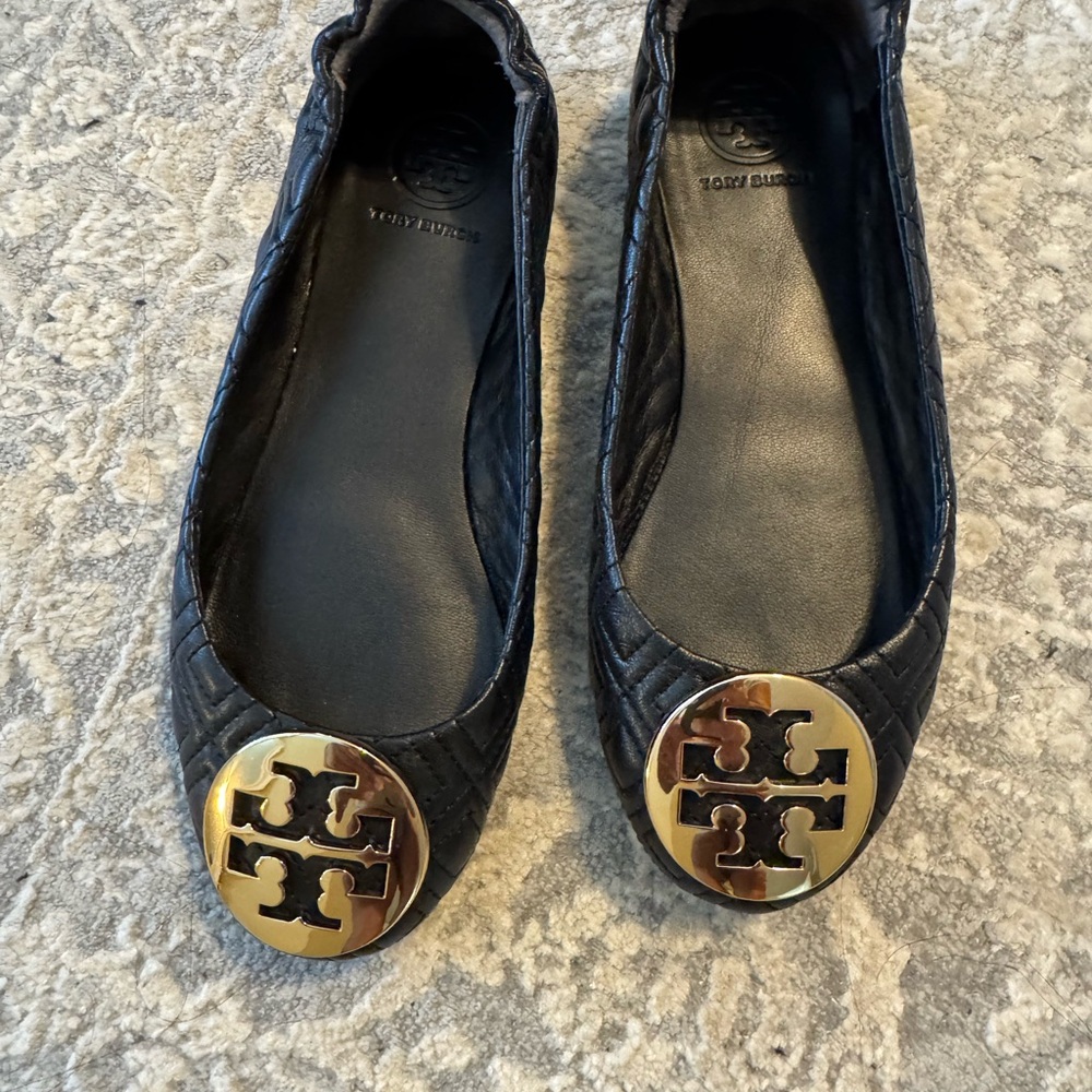 Tory Burch Black Quilted Flats with Gold Logo